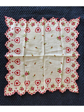 Valentine Handkerchief Red Hearts & Rose Floral Scalloped Edge